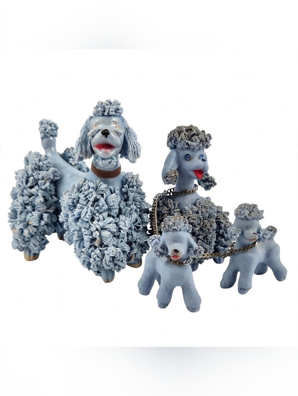 Vintage Blue Spaghetti Poodle Family 4pc Lot Mom Dad 2 Pups on Gold Chains Japan